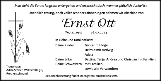 Traueranzeige von Ernst Ott von Hersbrucker Zeitung Lokal