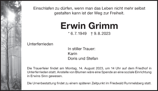 Traueranzeige von Erwin Grimm von Der Bote
