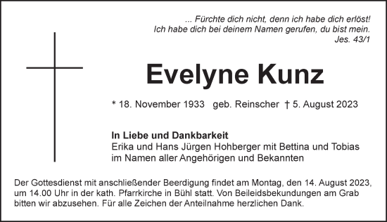 Traueranzeige von Evelyne Kunz von Pegnitz-Zeitung