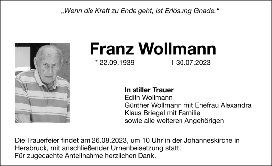 Traueranzeige von Franz Wollmann von Hersbrucker Zeitung Lokal