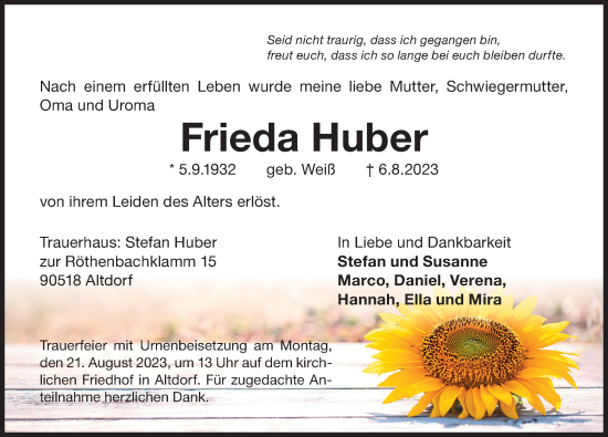 Traueranzeige von Frieda Huber von Der Bote