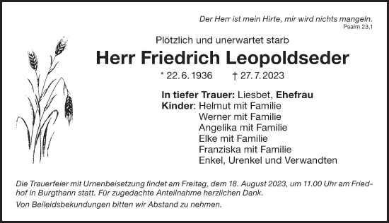 Traueranzeige von Friedrich Leopoldseder von Der Bote