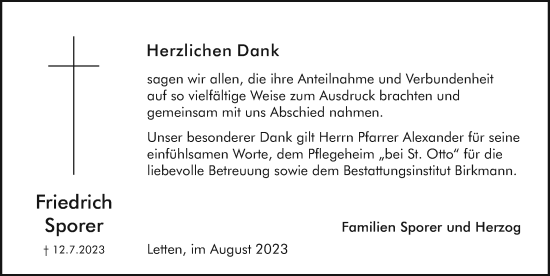 Traueranzeige von Friedrich Sporer von Pegnitz-Zeitung