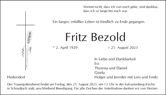 Traueranzeige von Fritz Bezold von Pegnitz-Zeitung