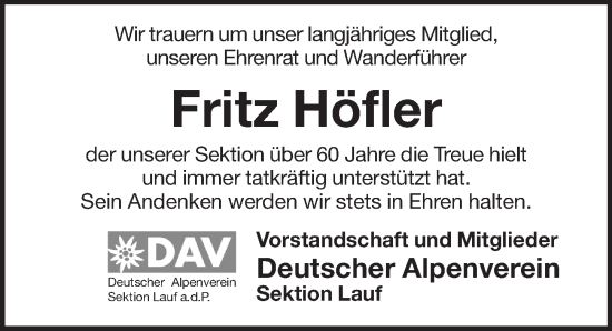 Traueranzeige von Fritz Höfler von Pegnitz-Zeitung