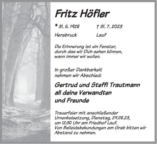 Traueranzeige von Fritz Höfler von Pegnitz-Zeitung