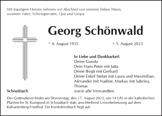 Traueranzeige von Georg Schönwald von Pegnitz-Zeitung