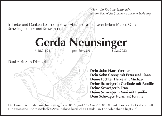 Traueranzeige von Gerda Neunsinger von Pegnitz-Zeitung