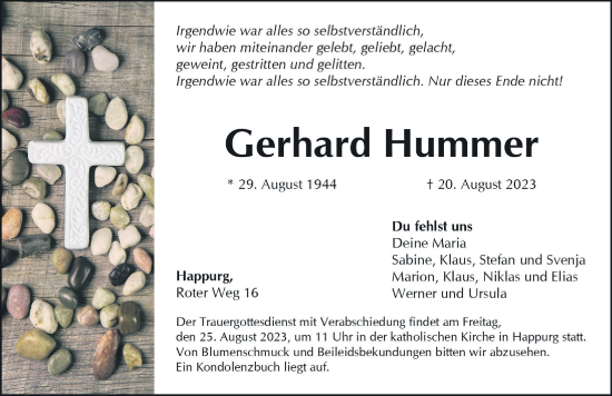 Traueranzeige von Gerhard Hummer von Hersbrucker Zeitung Lokal
