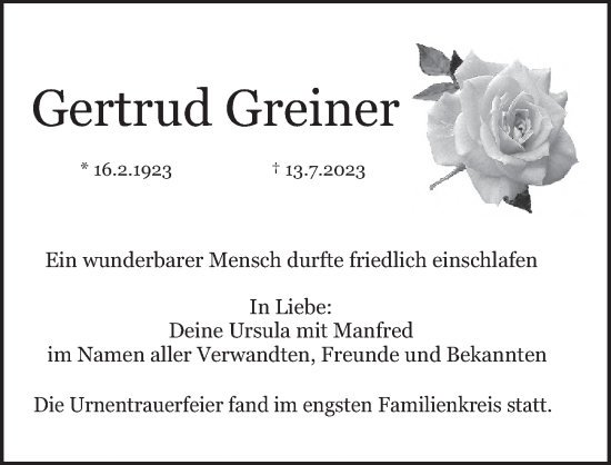 Traueranzeige von Gertrud Greiner von Pegnitz-Zeitung