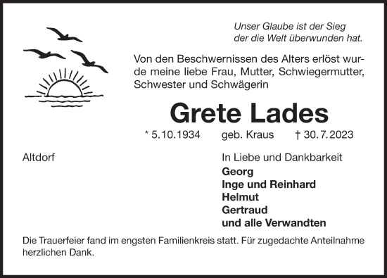 Traueranzeige von Grete Lades von Der Bote