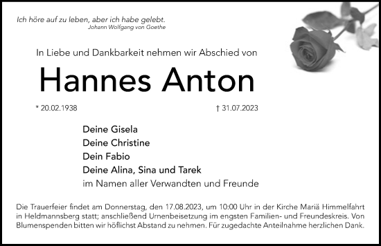 Traueranzeige von Hannes Anton von Hersbrucker Zeitung Lokal