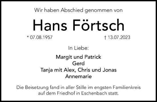 Traueranzeige von Hans Förtsch von Hersbrucker Zeitung Lokal