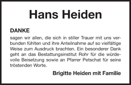 Traueranzeige von Hans Heiden von Der Bote
