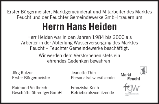 Traueranzeige von Hans Heiden von Der Bote