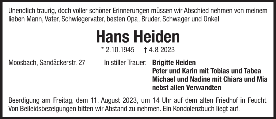 Traueranzeige von Hans Heiden von Der Bote