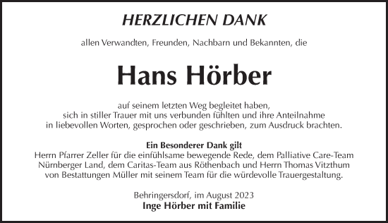 Traueranzeige von Hans Hörber von Pegnitz-Zeitung