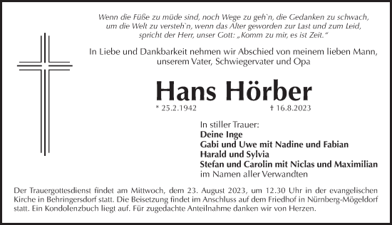 Traueranzeige von Hans Hörber von Pegnitz-Zeitung