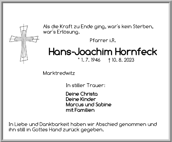 Traueranzeige von Hans-Joachim Hornfeck von Hersbrucker Zeitung Lokal