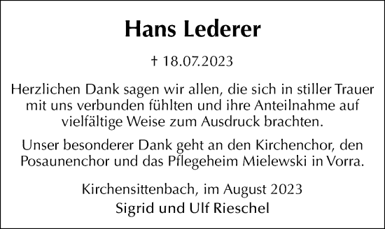 Traueranzeige von Hans Lederer von Hersbrucker Zeitung Lokal
