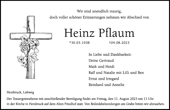 Traueranzeige von Heinz Pflaum von Hersbrucker Zeitung Lokal