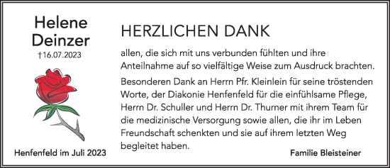 Traueranzeige von Helene Deinzer von Hersbrucker Zeitung Lokal