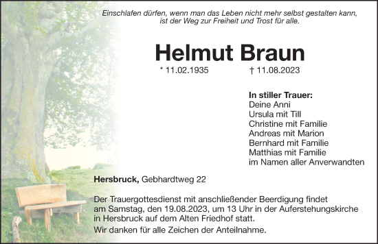 Traueranzeige von Helmut Braun von Hersbrucker Zeitung Lokal