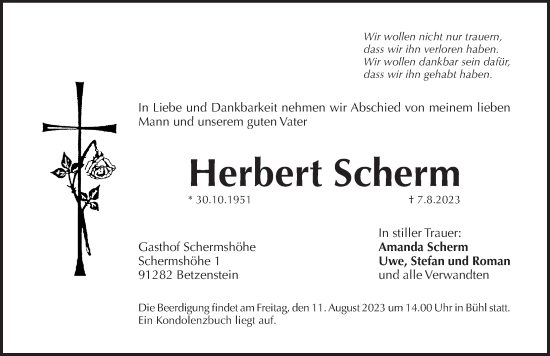Traueranzeige von Herbert Scherm von Pegnitz-Zeitung
