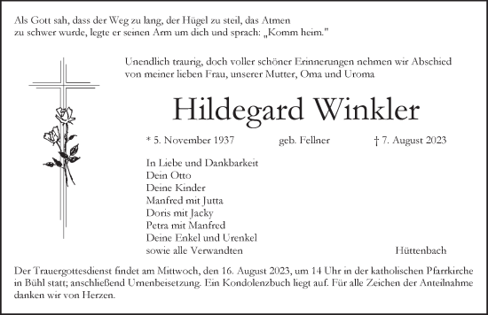 Traueranzeige von Hildegard Winkler von Pegnitz-Zeitung