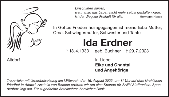 Traueranzeige von Ida Erdner von Der Bote