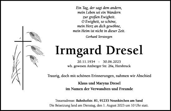 Traueranzeige von Irmgard Dresel von Hersbrucker Zeitung Lokal