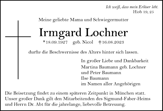 Traueranzeige von Irmgard Lochner von Hersbrucker Zeitung Lokal