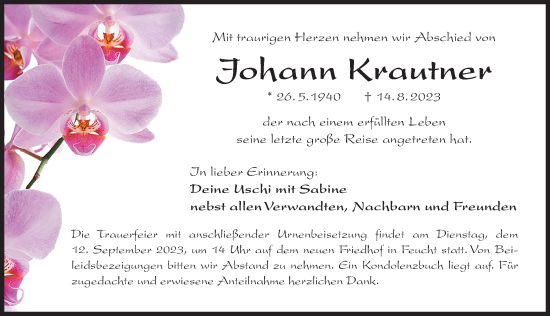 Traueranzeige von Johann Krautner von Der Bote