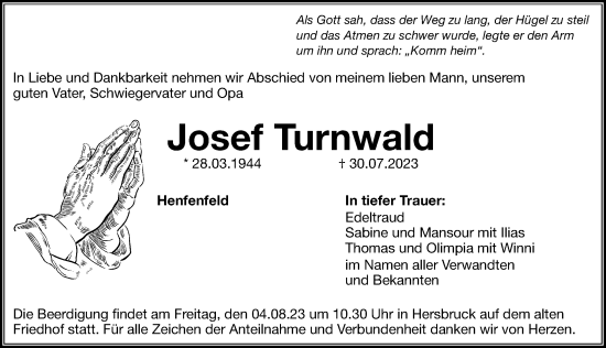 Traueranzeige von Josef Turnwald von Hersbrucker Zeitung Lokal