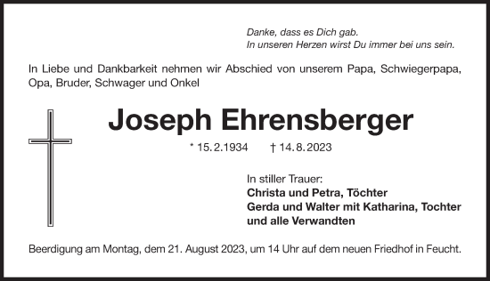Traueranzeige von Joseph Ehrensberger von Der Bote