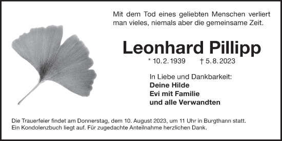 Traueranzeige von Leonhard Pillipp von Der Bote