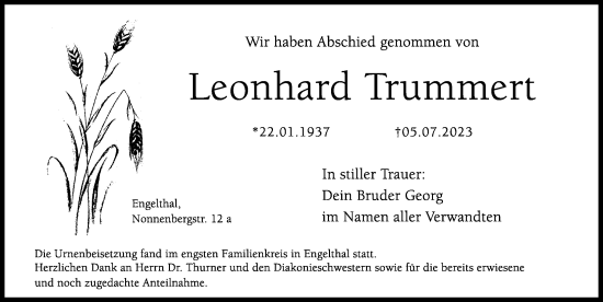 Traueranzeige von Leonhard Trummert von Hersbrucker Zeitung Lokal