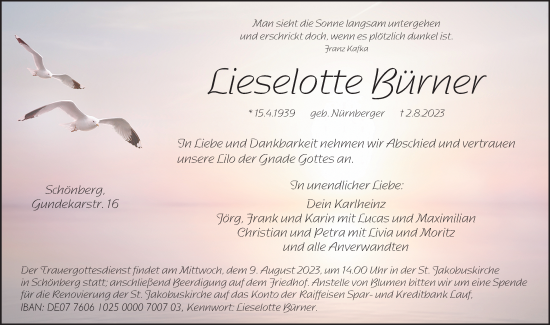 Traueranzeige von Lieselotte Bürner von Pegnitz-Zeitung