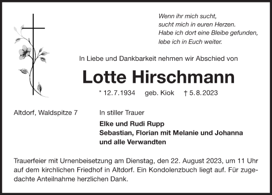 Traueranzeige von Lotte Hirschmann von Der Bote