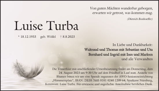 Traueranzeige von Luise Turba von Pegnitz-Zeitung
