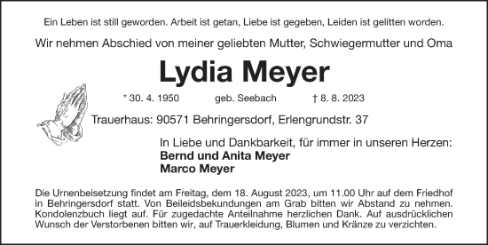 Traueranzeige von Lydia Meyer von Pegnitz-Zeitung