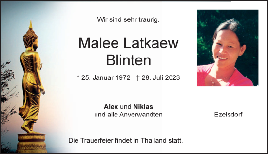 Traueranzeige von Malee Latkaew Blinten von Der Bote