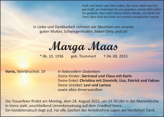 Traueranzeige von Marga Maas von Hersbrucker Zeitung Lokal