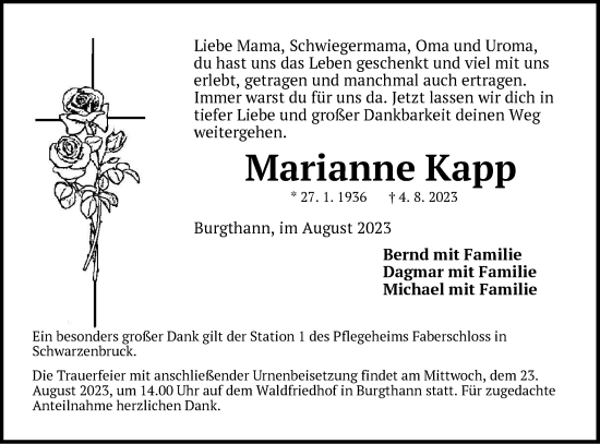 Traueranzeige von Marianne Kapp von Der Bote