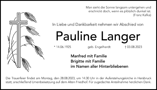 Traueranzeige von Pauline Langer von Hersbrucker Zeitung Lokal