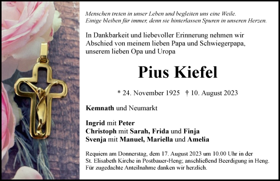 Traueranzeige von Pius Kiefel von Pegnitz-Zeitung