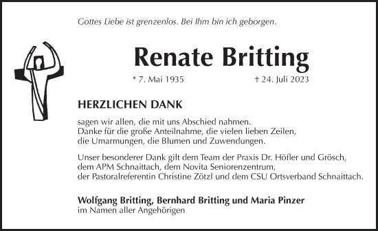 Traueranzeige von Renate Britting von Pegnitz-Zeitung