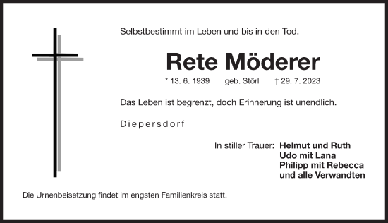 Traueranzeige von Rete Möderer von Pegnitz-Zeitung
