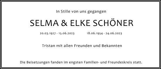 Traueranzeige von Selma und Elke Schöner von Hersbrucker Zeitung Lokal