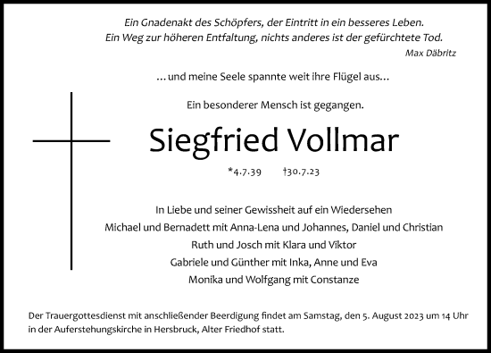 Traueranzeige von Siegfried Vollmar von Hersbrucker Zeitung Lokal